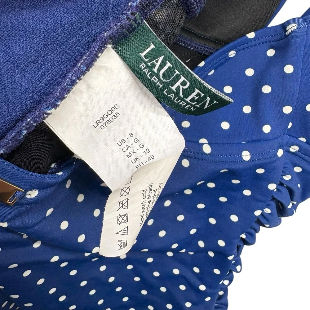 Lauren Ralph Lauren Womens Swimsuit 8 Blue Polka Dot One Piece Halter Ruched